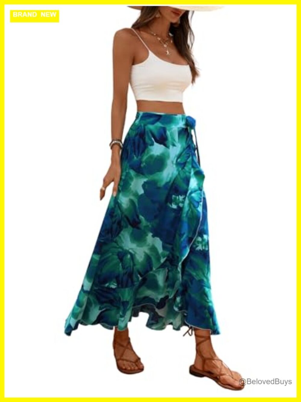 Women's Boho Floral Wrap Maxi Skirt Knotted Belt Asymmetric Ruffle